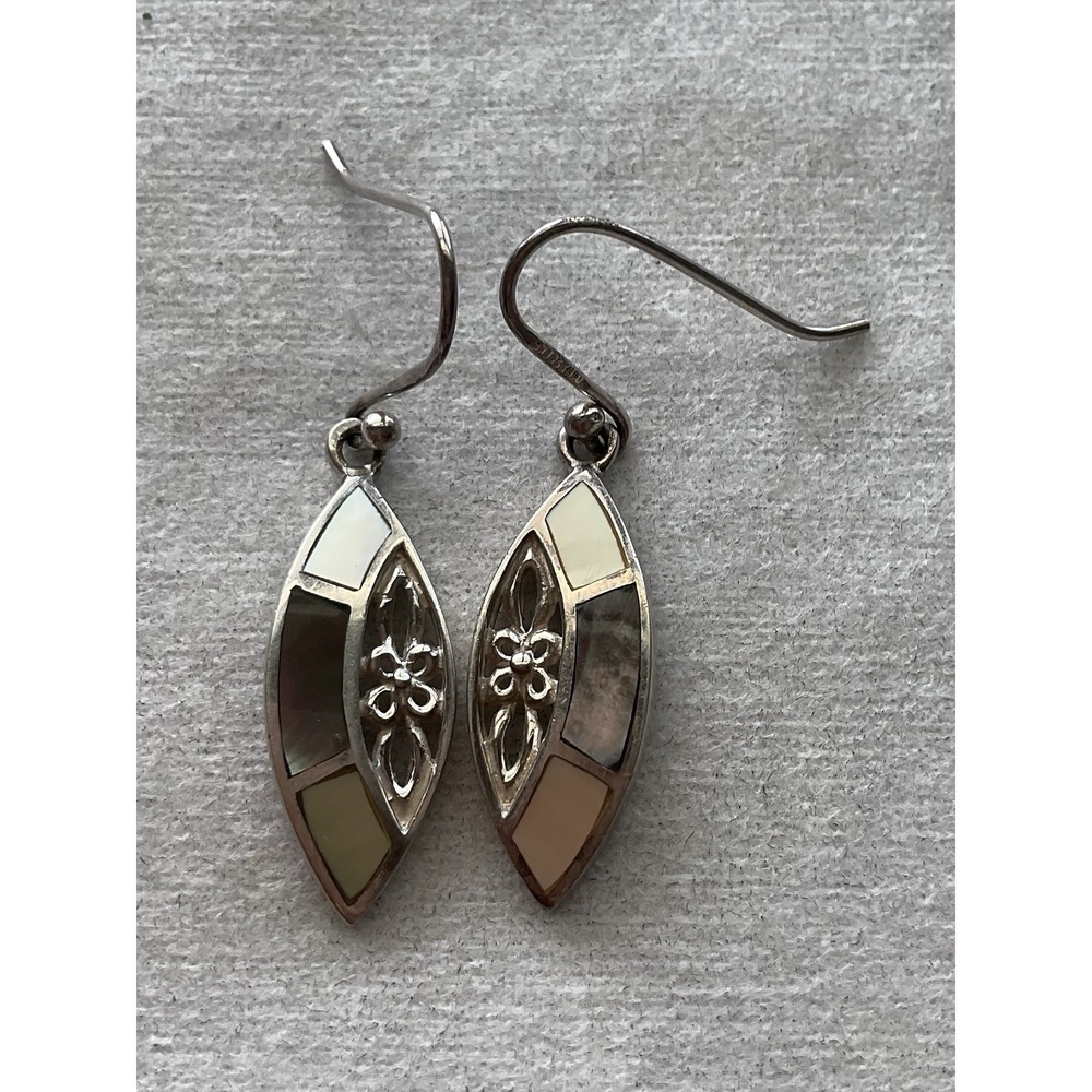 Vintage 925 Sterling Silver Gemstone Inlay Marquise Shape Dangle Earrings Estate